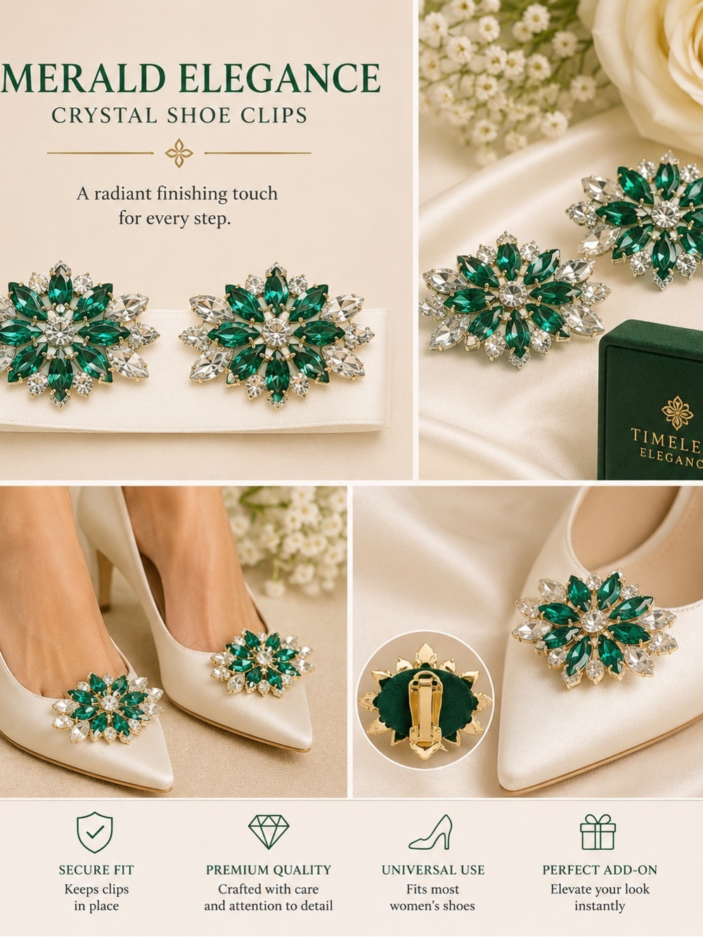Emerald Crystal Floral Shoe Brooches - Green